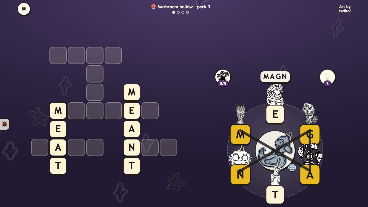 Creep Words: a finger slides through letter tiles on a ring of her creatures, an ink line joining M, A, G and N while the word grows above the ring