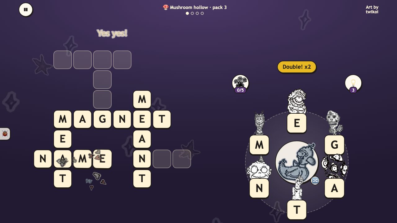 Creep Words: words drop into the little crossword with a combo badge while her creatures cheer