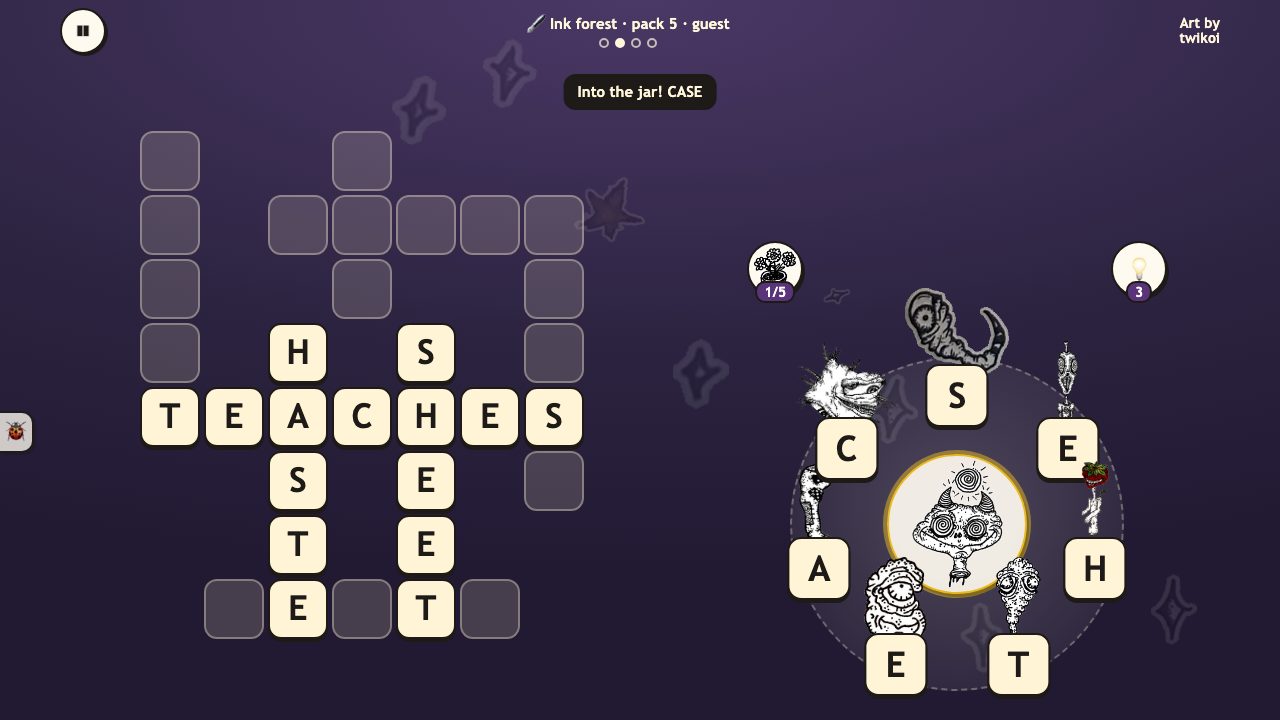 Creep Words: a seven-tile ring hosted by a guest creature in the middle, a bonus word going into the jar