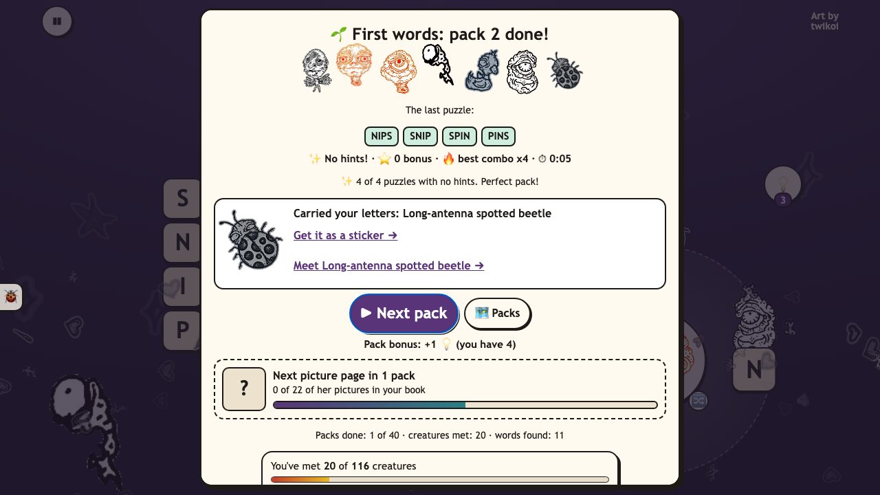 Creep Words: the pack done card with her creatures cheering, the words found, a featured creature with links and the next picture page