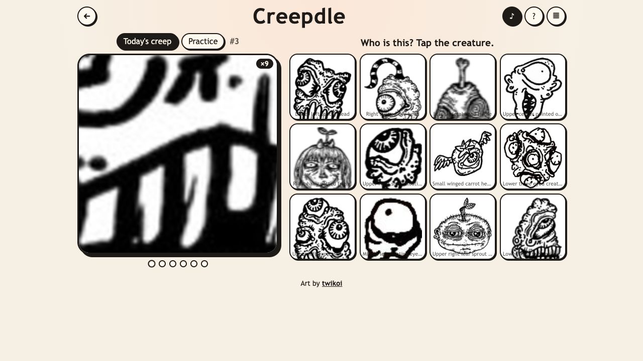 Creepdle: an extreme close-up of an ink drawing beside twelve creature tiles