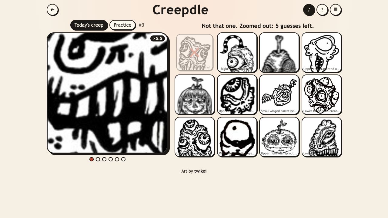 Creepdle: a wider close-up after wrong guesses with one tile crossed out