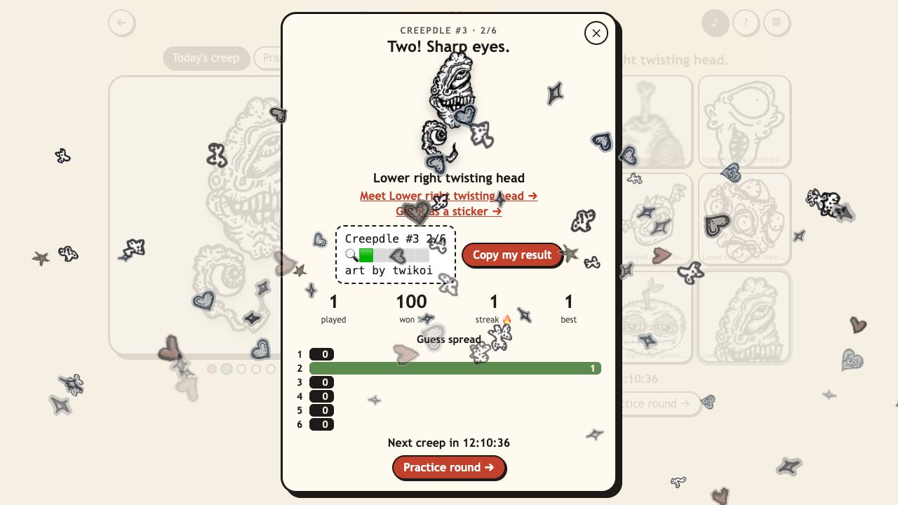 Creepdle: the result card showing the lower right twisting head, a share box and guess stats