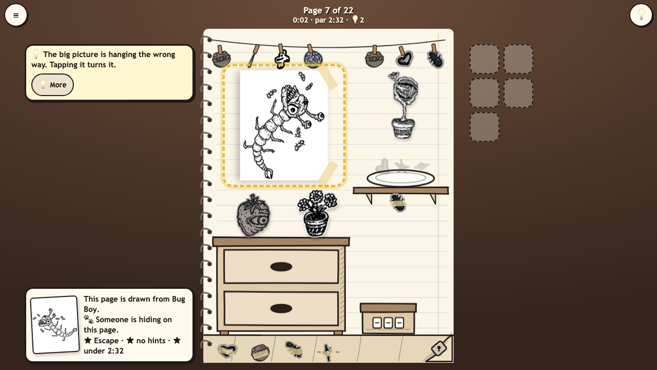Escape the Sketchbook: the hint box says what to do and a gold ring glows around the thing to tap