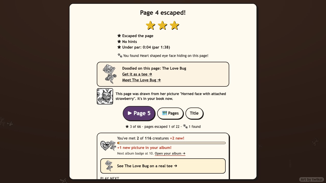 Escape the Sketchbook: the page escaped card with three stars, the creature you met and the picture the page was drawn from