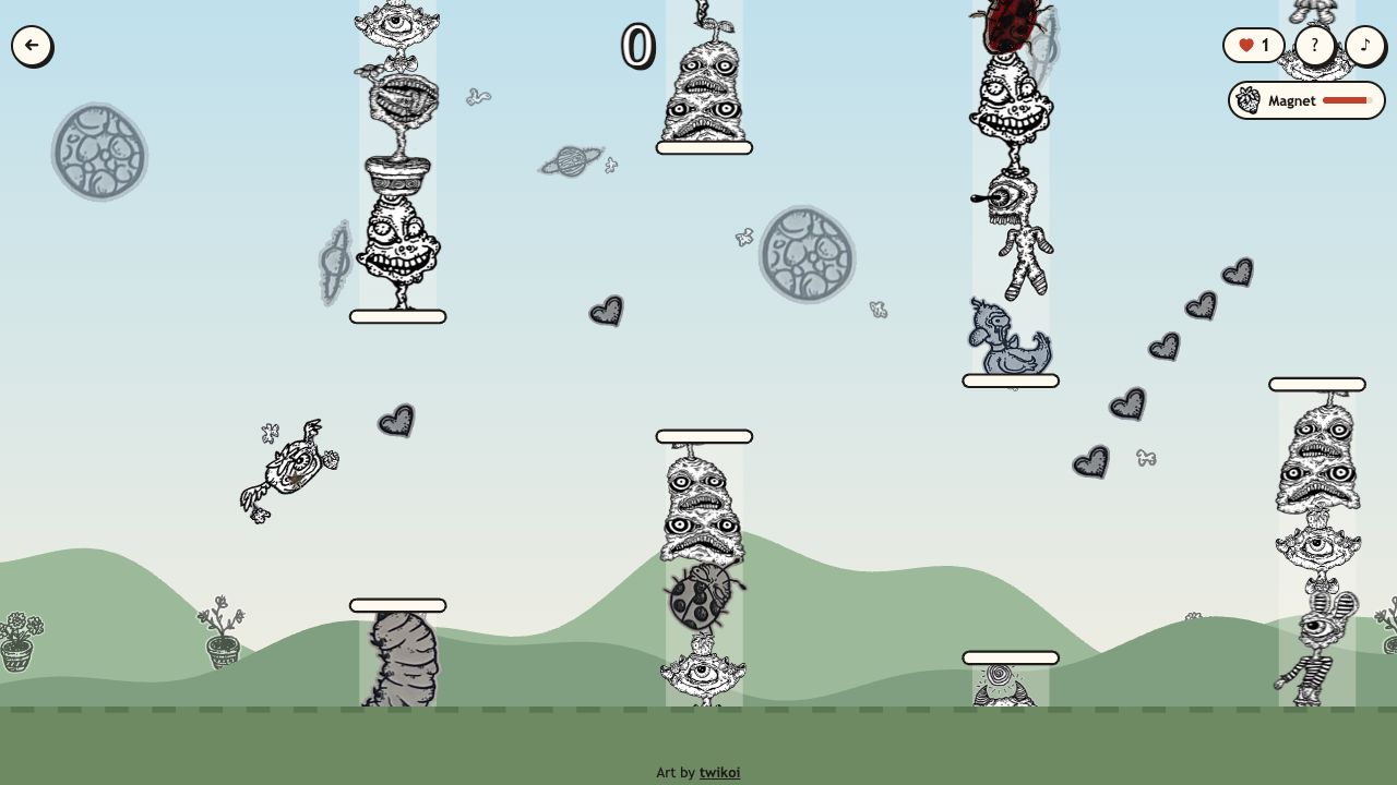 Float: a winged creature flying toward a gap between creature towers, with a line of hearts