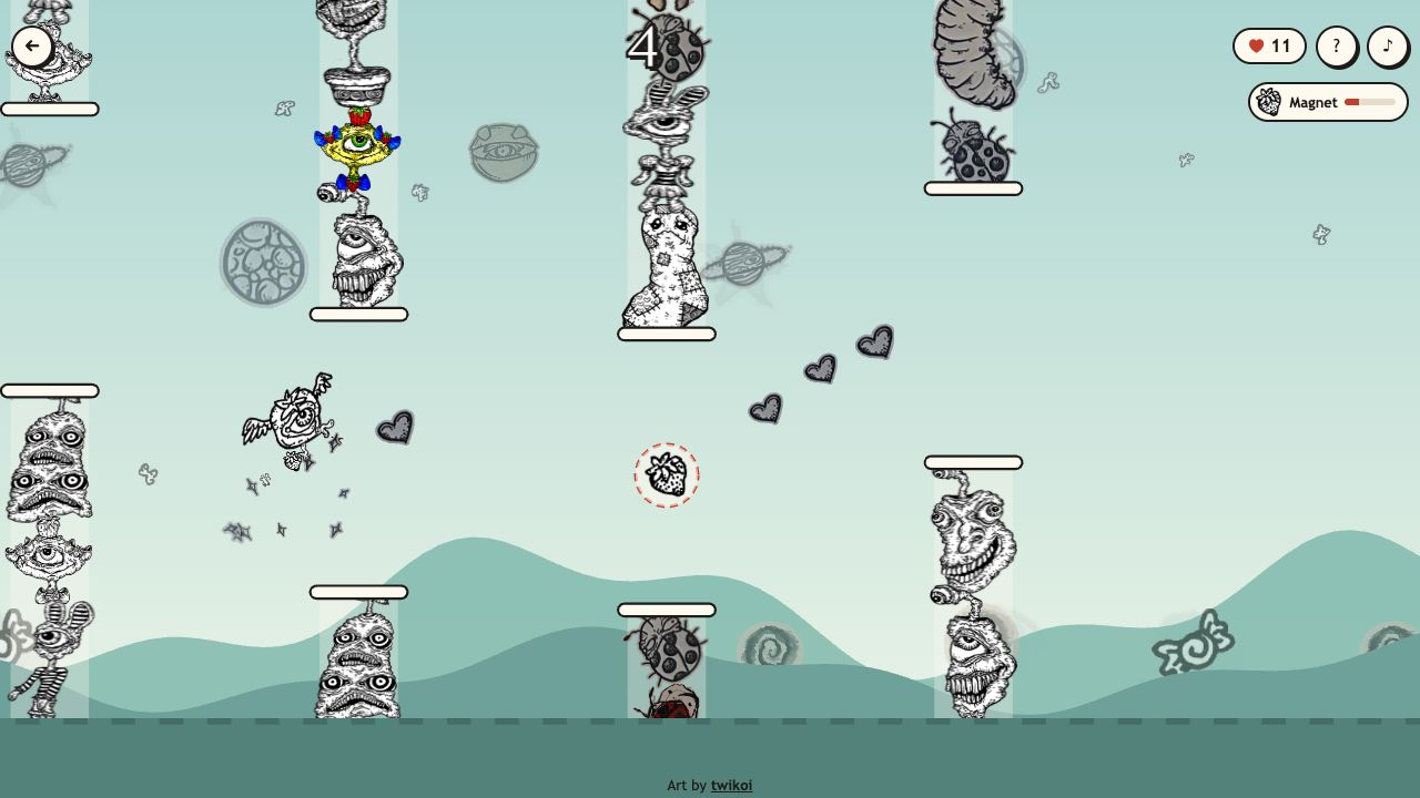 Float: a mint-green sky with towers and a magnet power-up pulling hearts