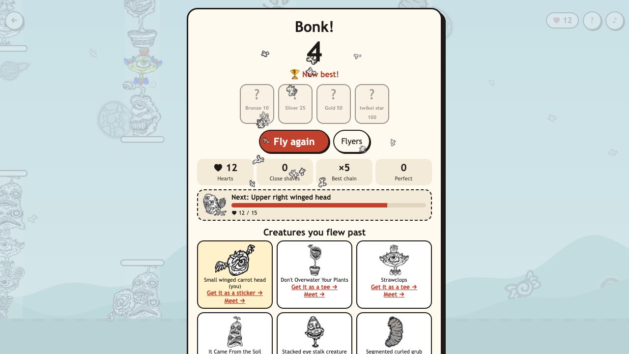 Float: the end card with score, medals, unlock progress and creatures you flew past
