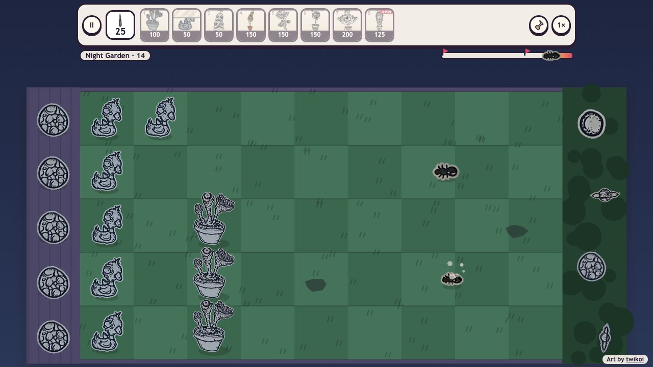 Garden Defense: a night garden lawn with potted creatures planted in rows and ants approaching