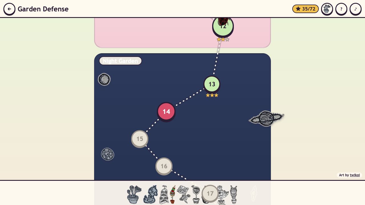 Garden Defense: the level map moving from Strawberry Patch into the Night Garden