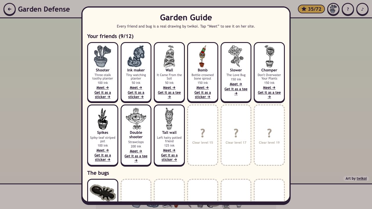 Garden Defense: the Garden Guide with nine friends unlocked and links to meet them