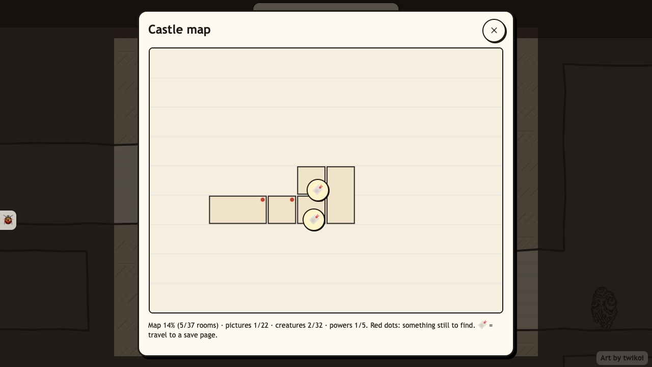 Ink Castle: the castle map with the rooms you have seen, red dots where something is still to find and ribbons to travel to