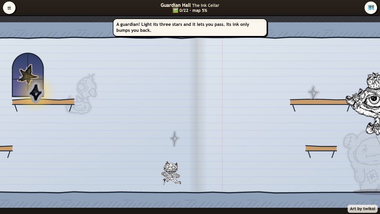 Ink Castle: a guardian room with three stars to light while her big creature hops around