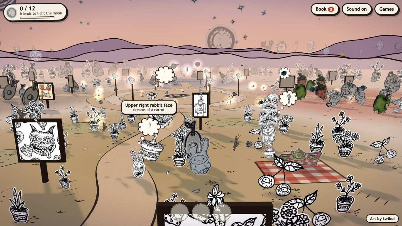 Ink Garden: thought bubbles over creatures showing what each one dreams of, near a red picnic blanket