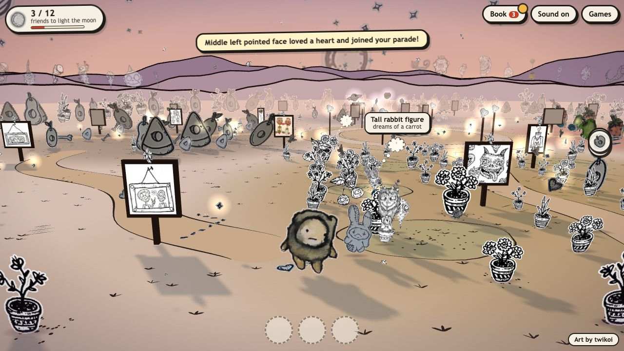 Ink Garden: the round pocket spirit leading a short parade of befriended creatures