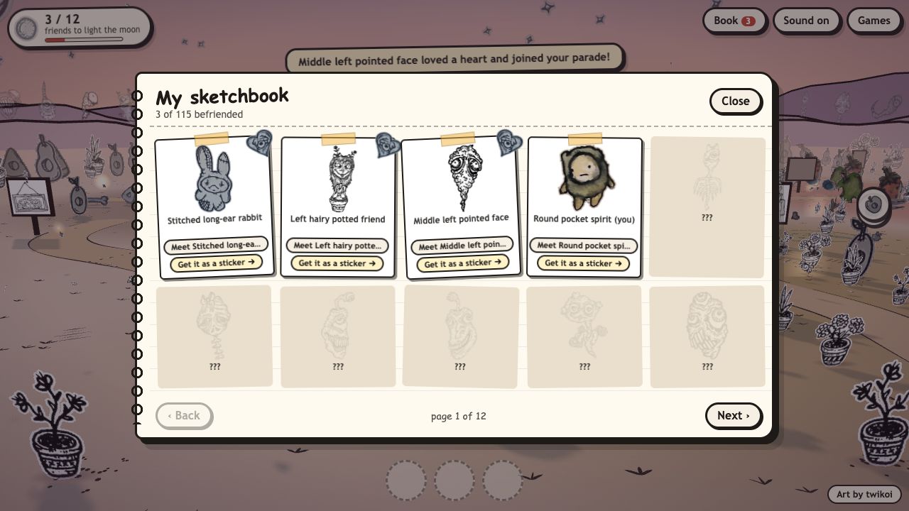 Ink Garden: the sketchbook collection page showing befriended creatures with links to twikoi's pages