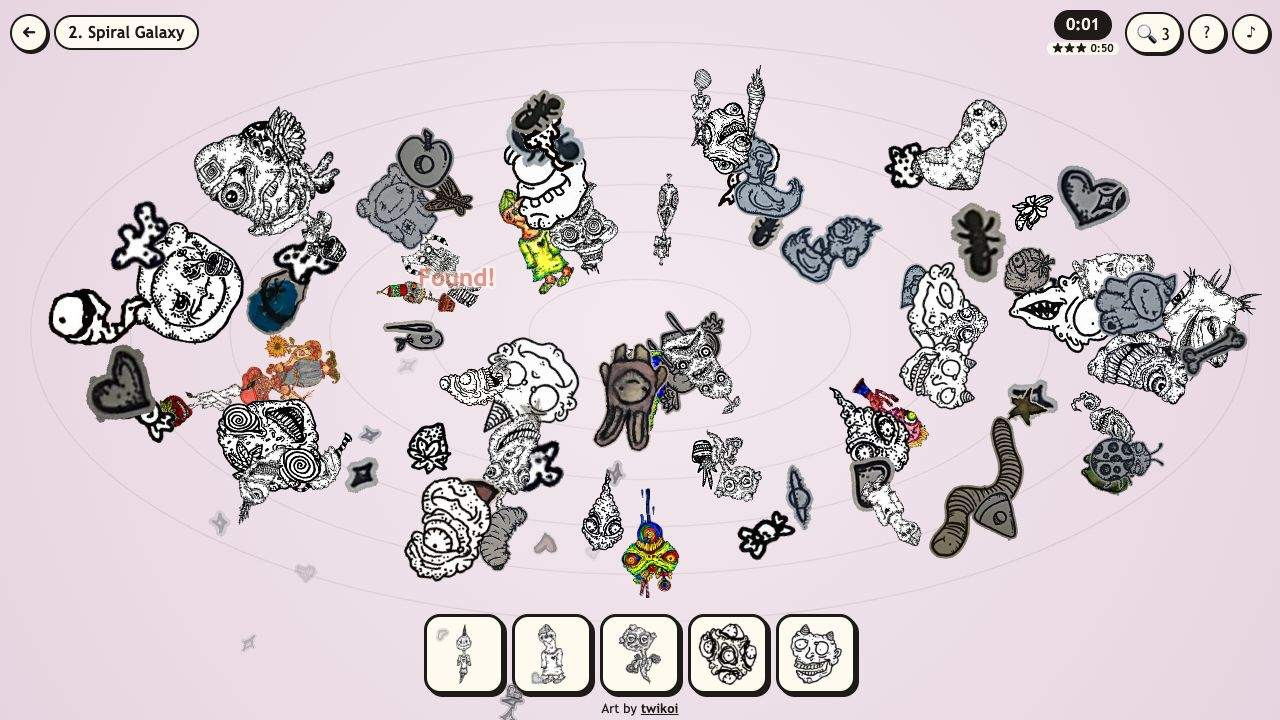 Look Closer: an oval galaxy of twikoi's drawings with five creature cards along the bottom
