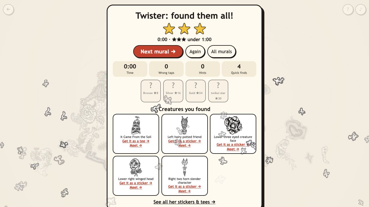 Look Closer: the win card with three stars and the five creatures you found, with links