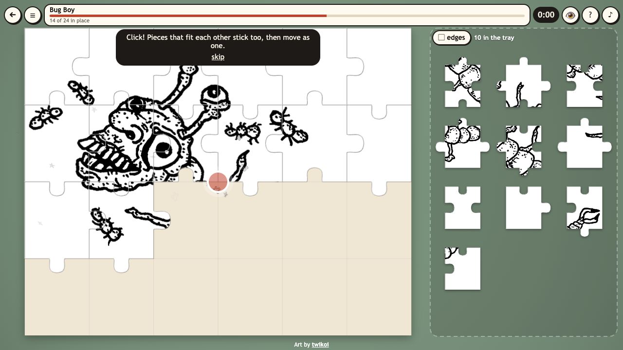 Piece by Piece: a jigsaw of an ink creature with ants, partly built, with pieces waiting in a tray on the right