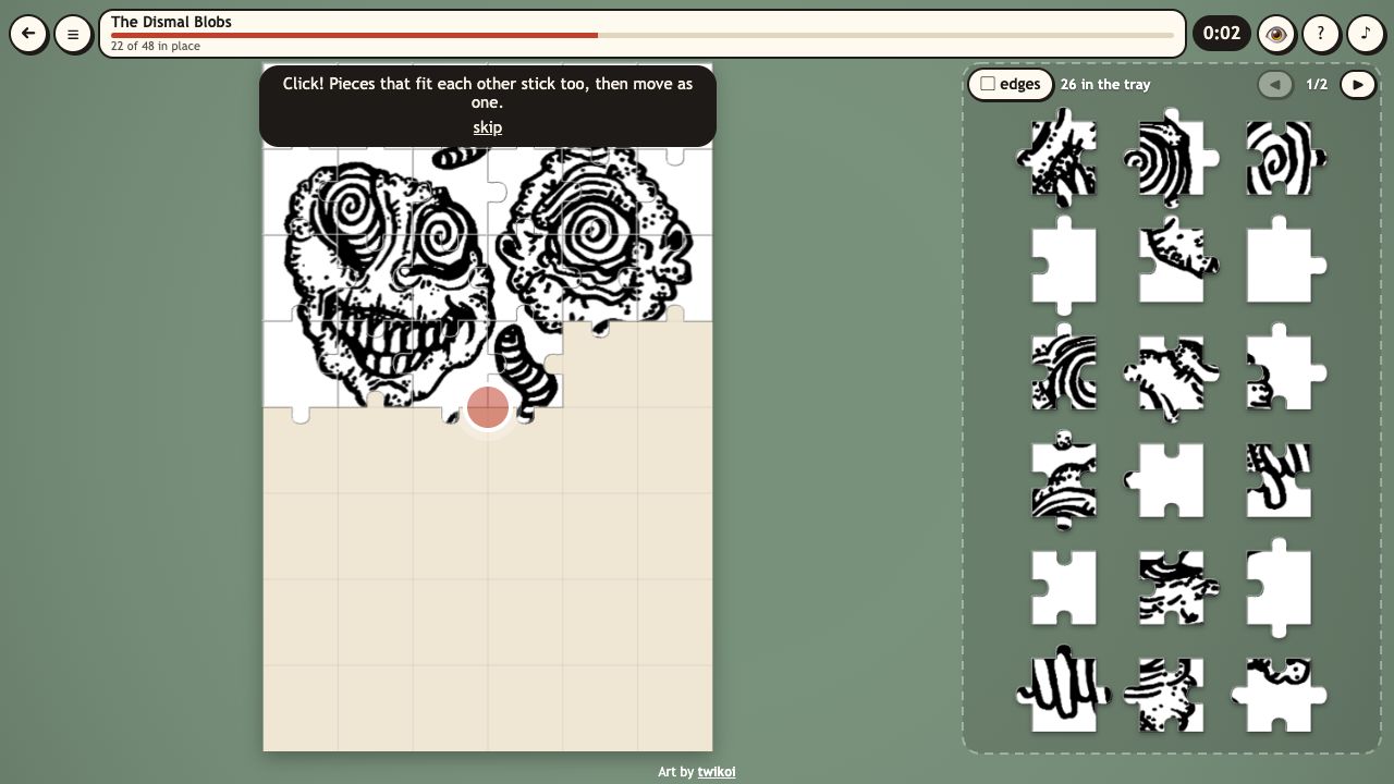 Piece by Piece: the top of The Dismal Blobs puzzle filled in with spiral-eyed faces