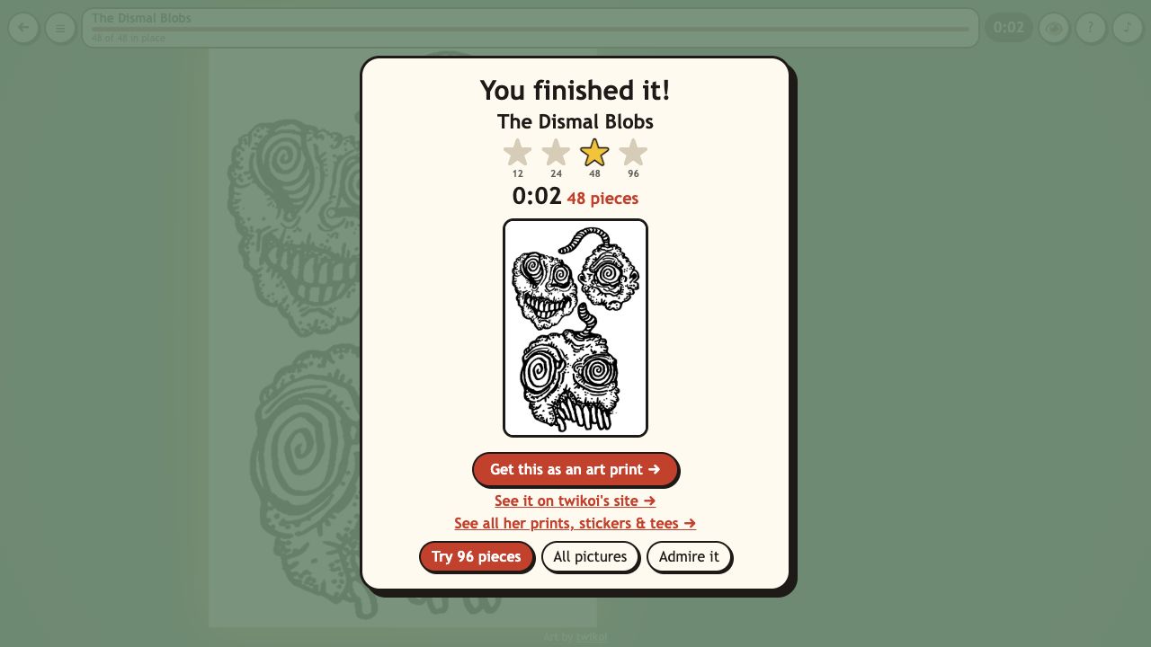 Piece by Piece: the finished card for The Dismal Blobs with stars per size and a link to its art print