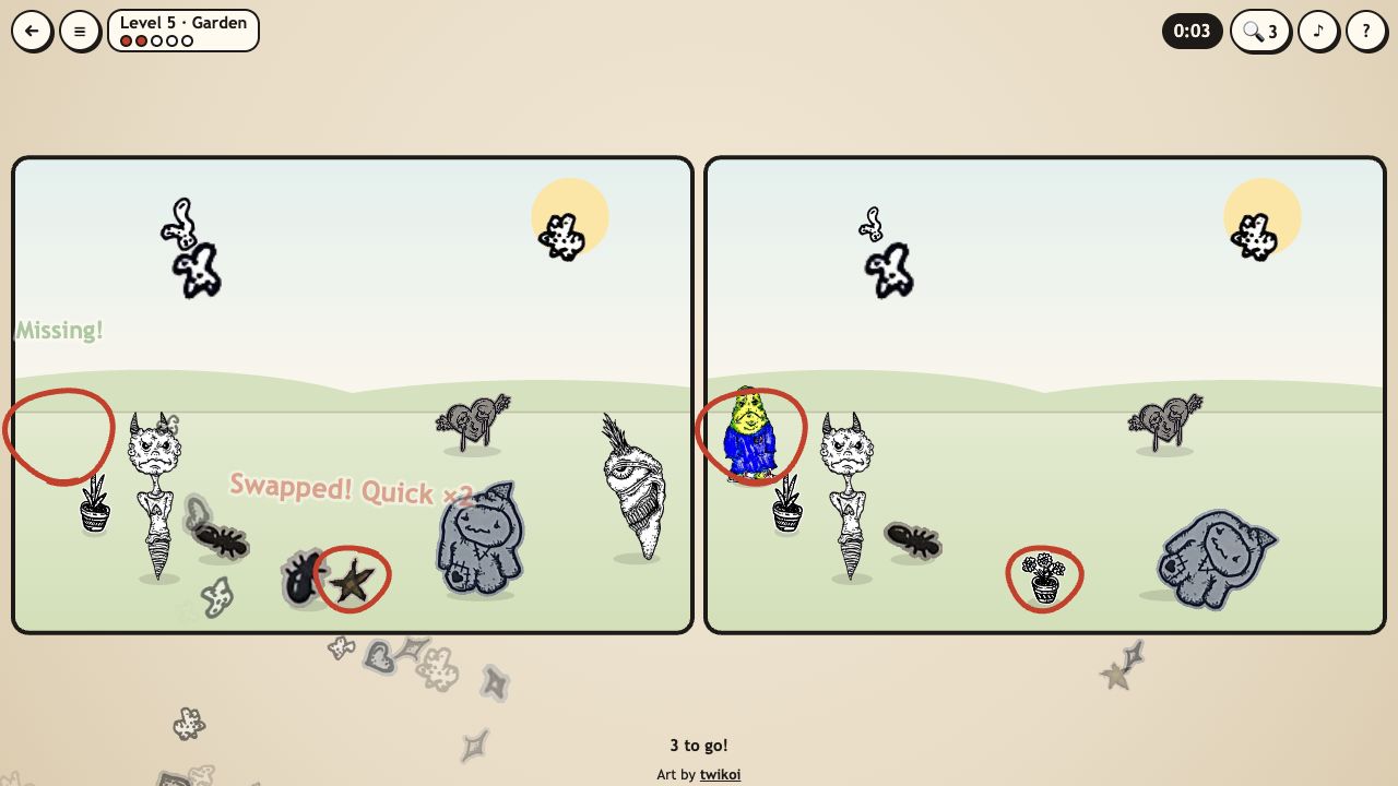 Spot the Difference: two garden scenes with circled differences and Missing and Swapped labels