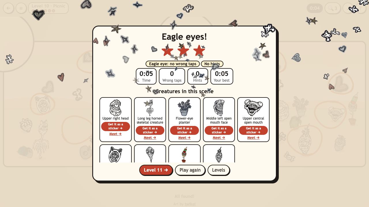 Spot the Difference: the result card reading Eagle eyes with three stars and the creatures in the scene