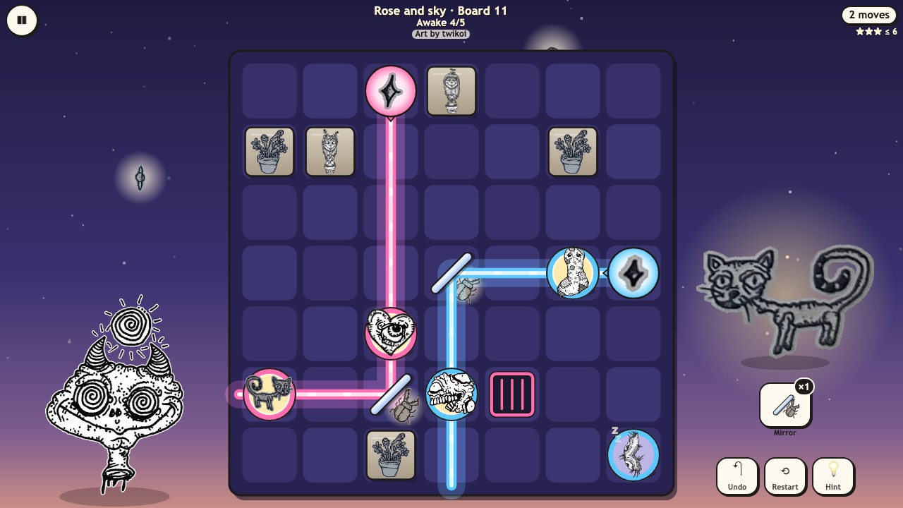 Star Beams: two stars shine gold and rose light that bounces off mirrors across a 7 by 7 board; some of her creatures are awake on warm cushions, others still asleep