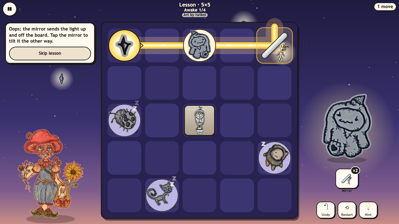 Star Beams: the lesson board, a mirror in the top corner sending the light off the board and a note saying tap it to tilt it