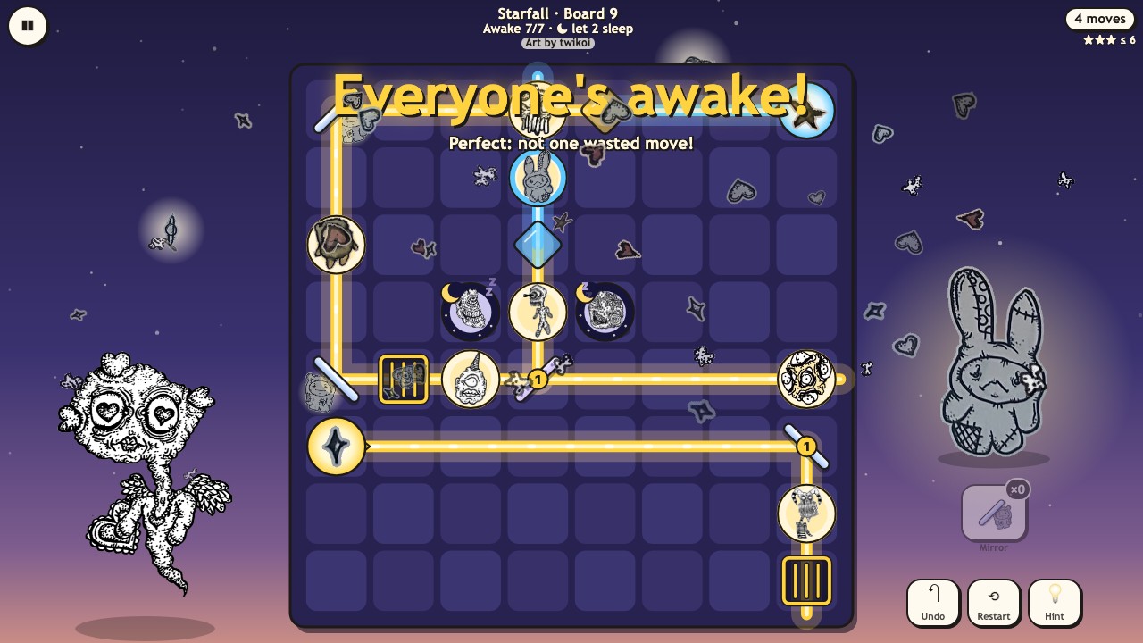 Star Beams: a solved board, every creature awake and hopping, a big Everyone's awake! banner and confetti