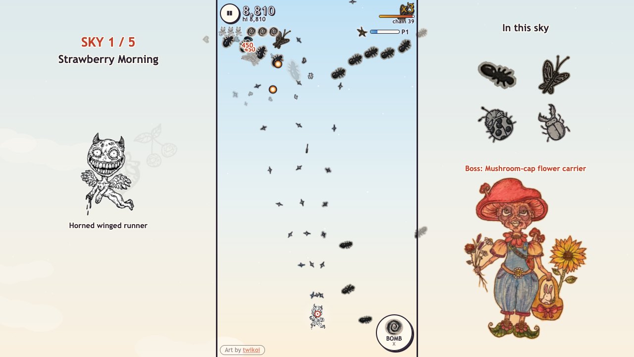 Star Swarm: Strawberry Morning, her flying ants and ink butterflies coming down, the player's winged creature firing her ink stars