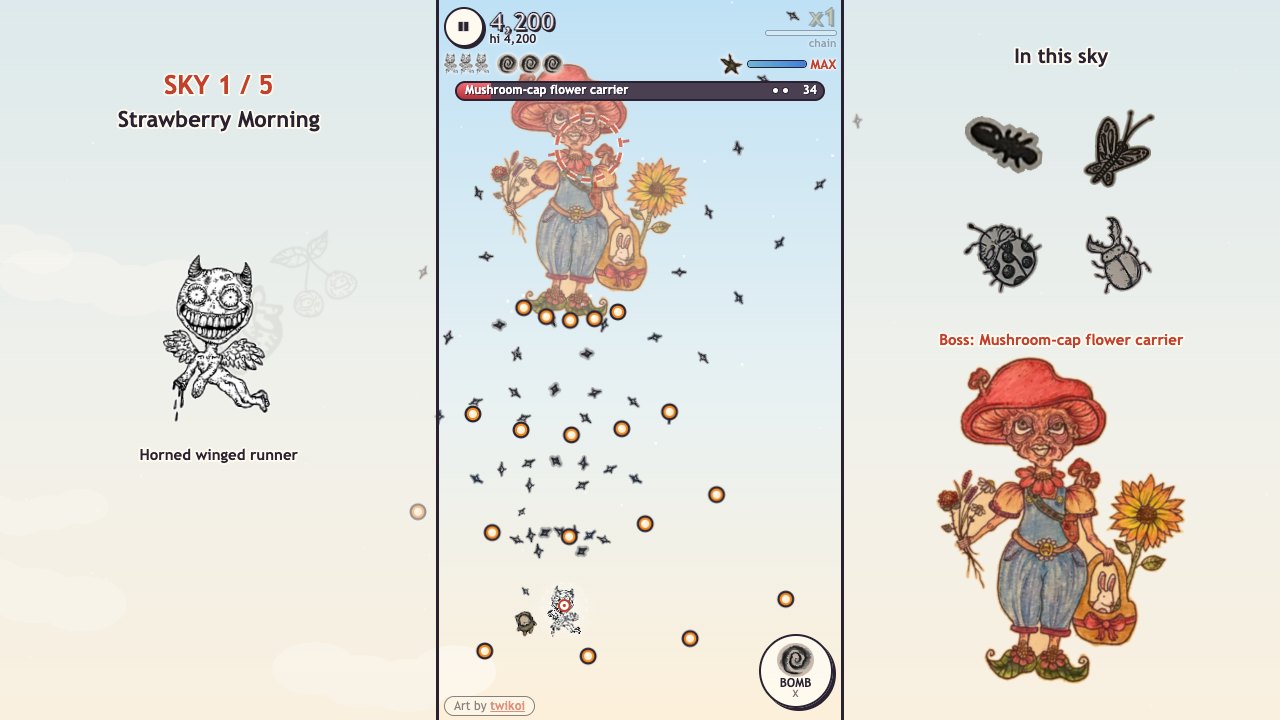 Star Swarm: the Mushroom-cap flower carrier as a boss, with a dashed ring on her weak point and rows of plain bullets