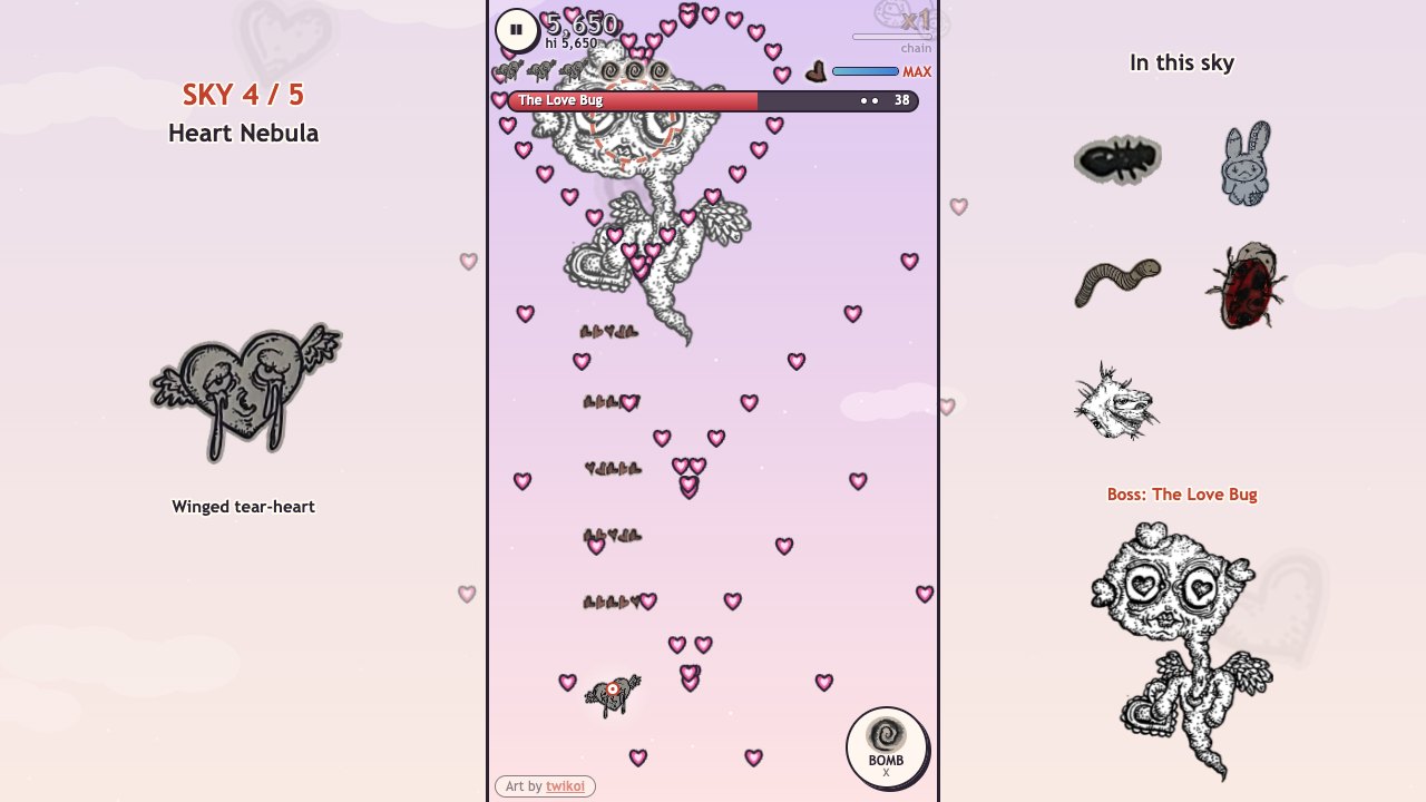 Star Swarm: The Love Bug as a boss in the Heart Nebula, rings of heart-shaped bullets around the player