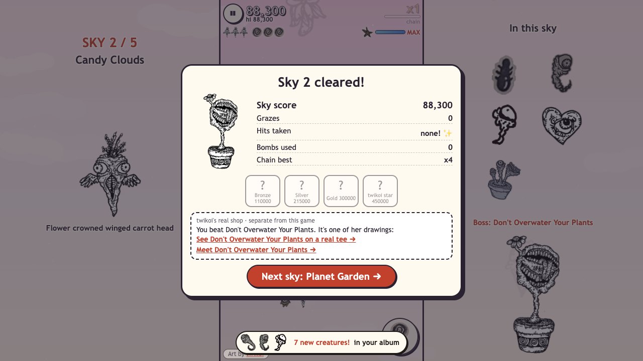 Star Swarm: the stage-clear card with the boss, the sky score, medals, and links to her real pages