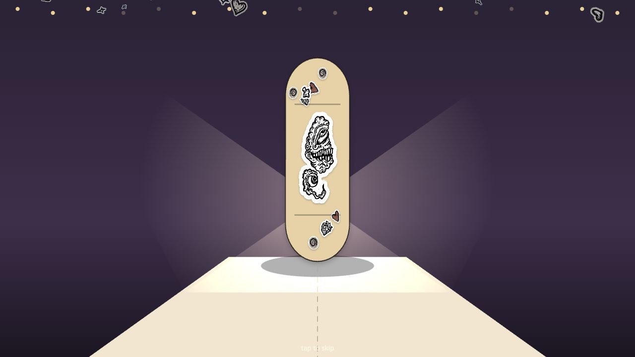 Sticker Studio: a decorated skateboard spinning on a runway under spotlights