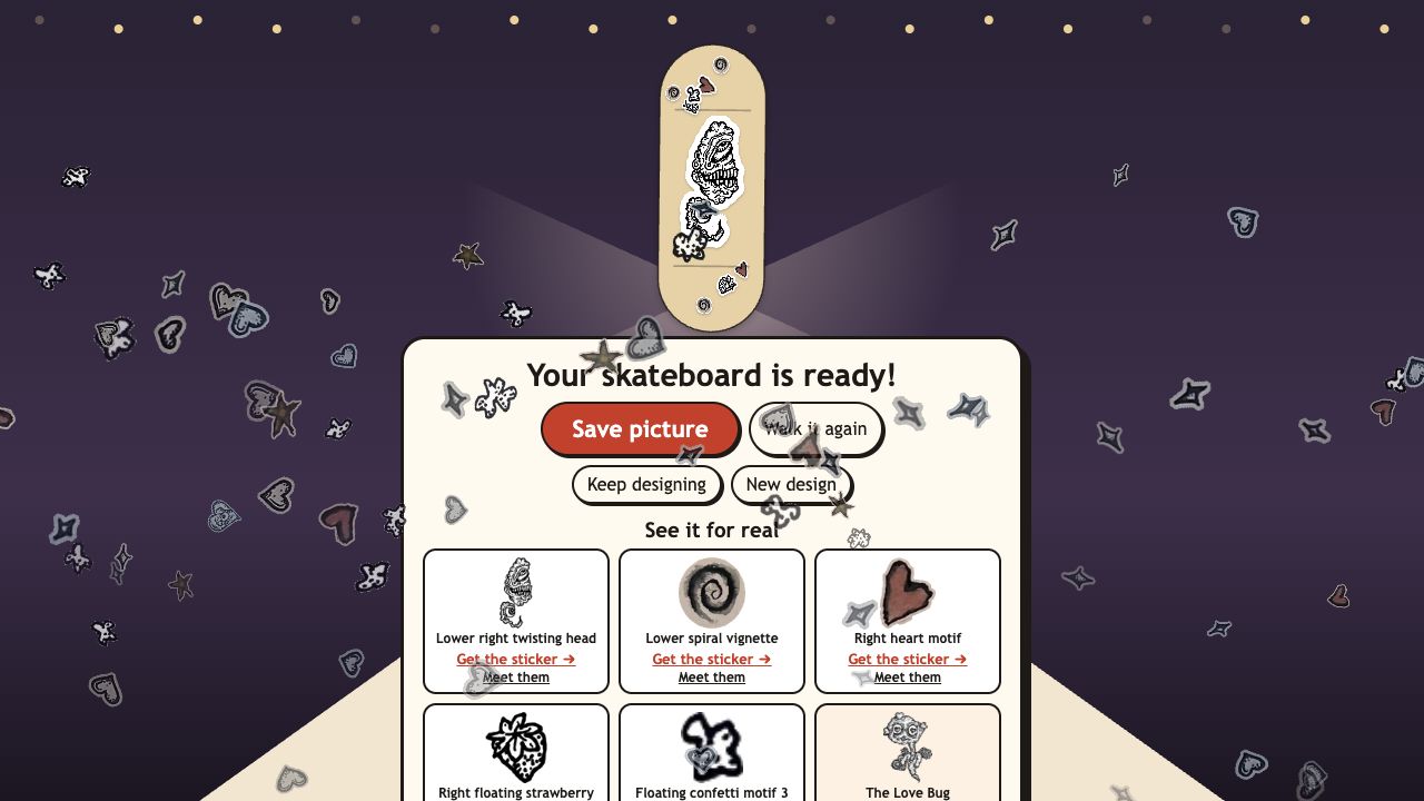 Sticker Studio: the ready card with Save picture and links to see each sticker for real