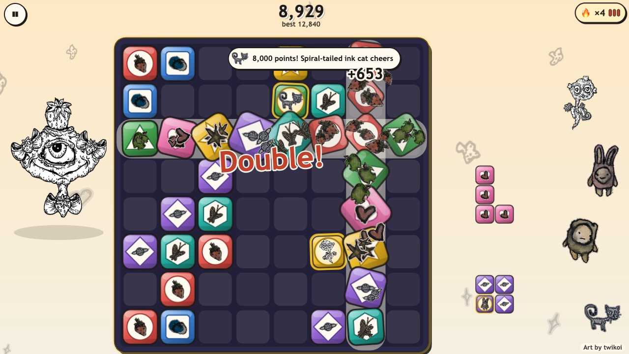 Creep Blocks: a row and a column bursting at once on a dark board of tiles that each carry one of her drawings, with "Double!" over the board and her creatures watching from the sides