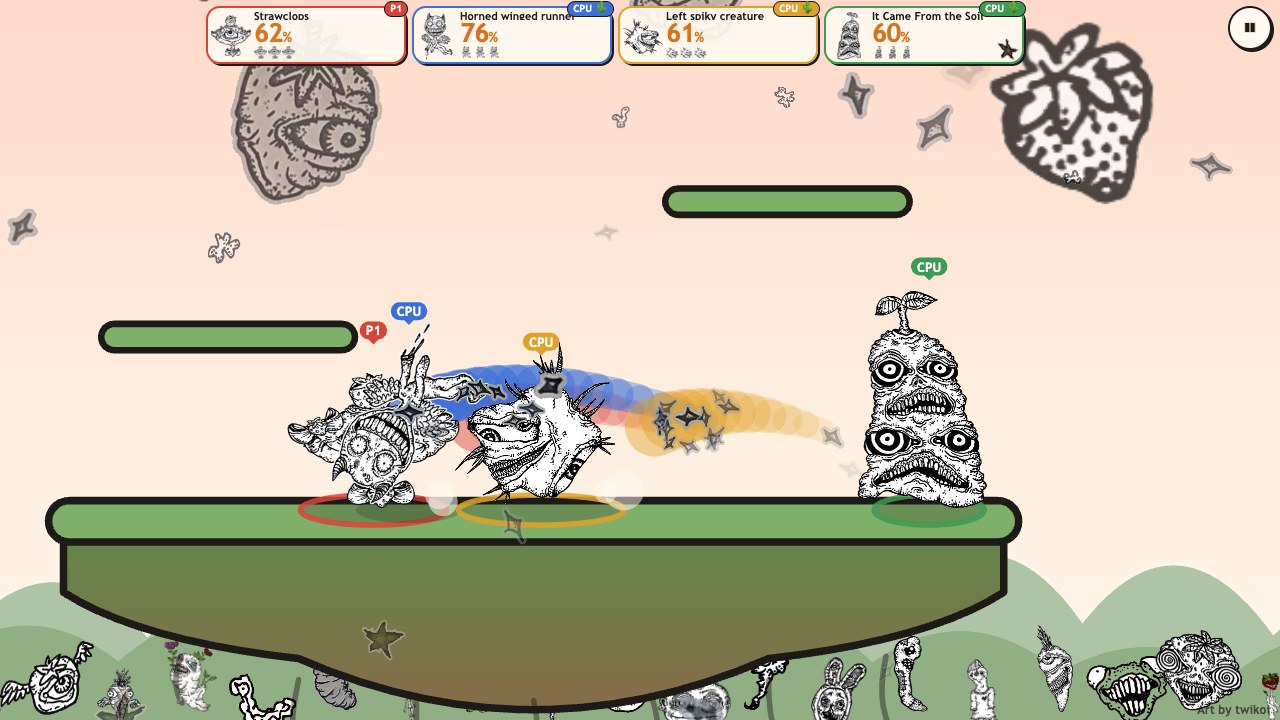 Creep Brawl: four of twikoi's creatures fighting on a floating island, damage cards along the top and her ink stars bursting from a hit