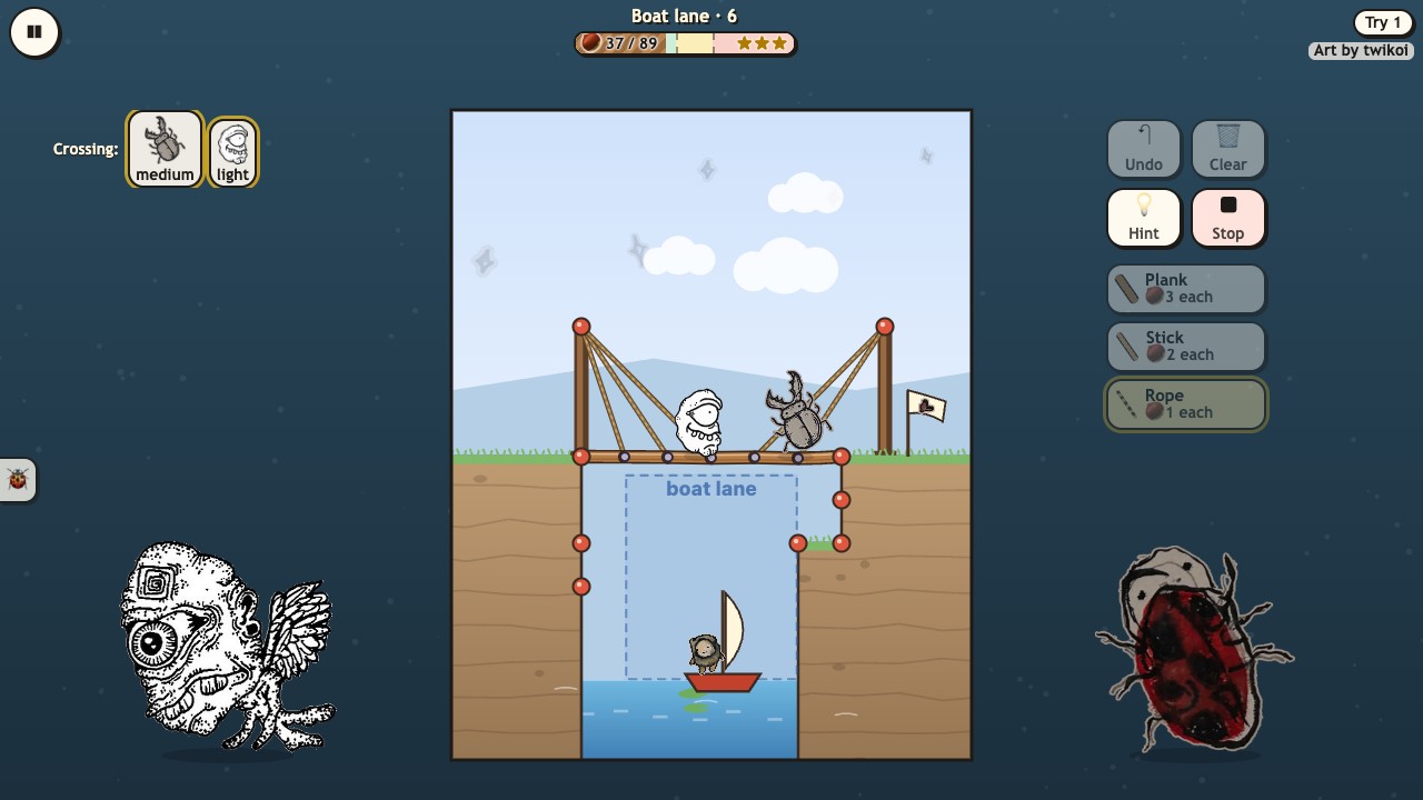 Creep Bridges: a wooden bridge of planks and sticks over a gap with a pond below, while her creatures wait in line on the bank and one waddles across