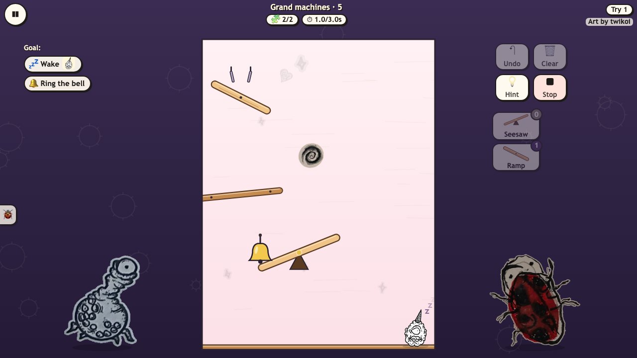 Creep Contraption: a cream page with wooden shelves, a ramp and a spring the player placed, a planet rolling toward a golden bell, and one of her creatures asleep on a shelf