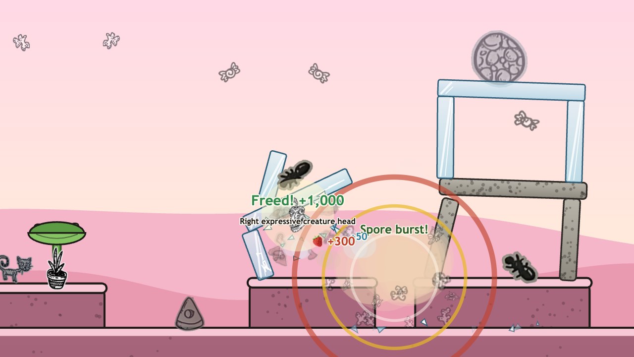 Creep Fling: a spore burst in the Sweet Hills world throwing glass blocks and freeing one of her creatures from a jar