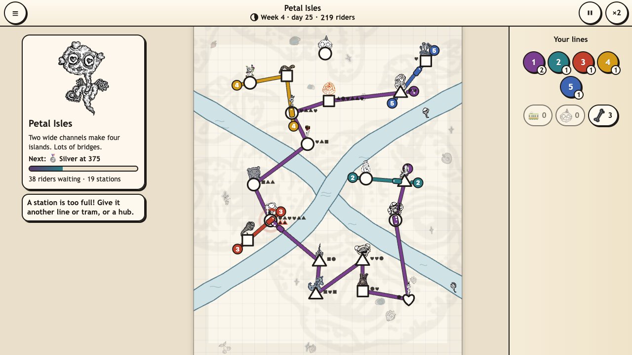 Creep Metro: ink lines in purple, teal and red joining her creatures' stations across a river on sketchbook paper