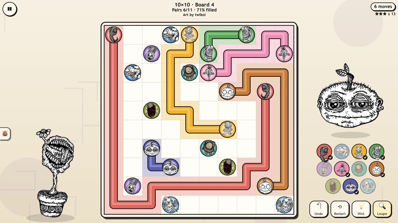 Creep Paths: a board of squares with thick ink lines in different colours joining pairs of her creatures on round cushions, a big creature watching above