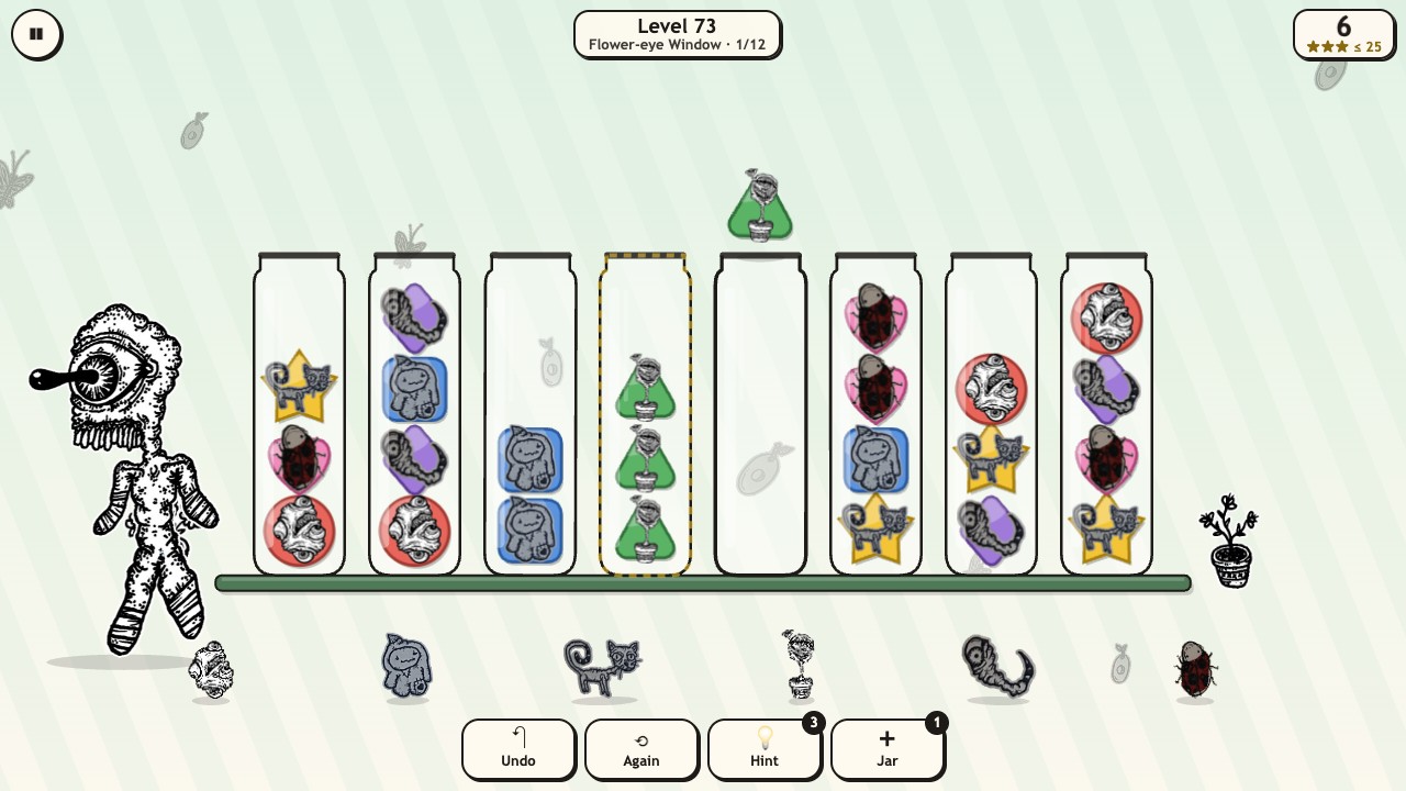 Creep Sort: glass jars on a green shelf holding stacks of twikoi's creatures on coloured cushions, one creature lifted over its jar, the Long-tongued flower-eye wanderer watching from the side