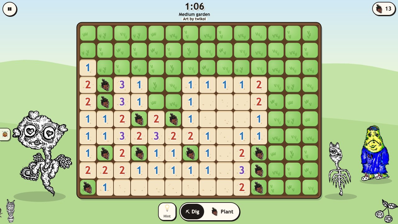 Creep Sweeper: a garden board of lawn tiles and dug sand with numbers, her strawberries planted on hidden nests, and her creatures watching from both sides