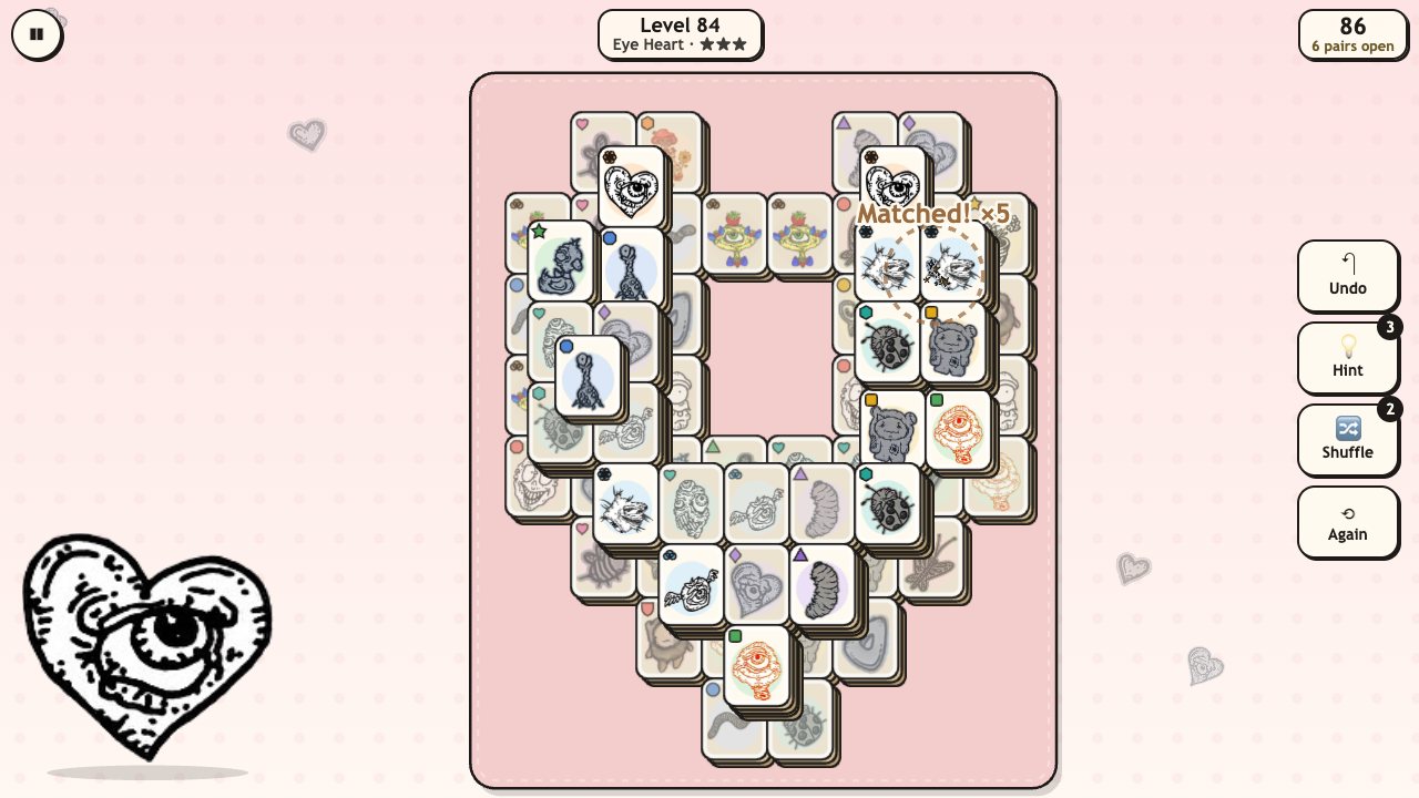 Creep Tiles: a heart-shaped table of stacked cream tiles, each showing one of twikoi's drawings, two matching tiles meeting in the air with the word Matched!