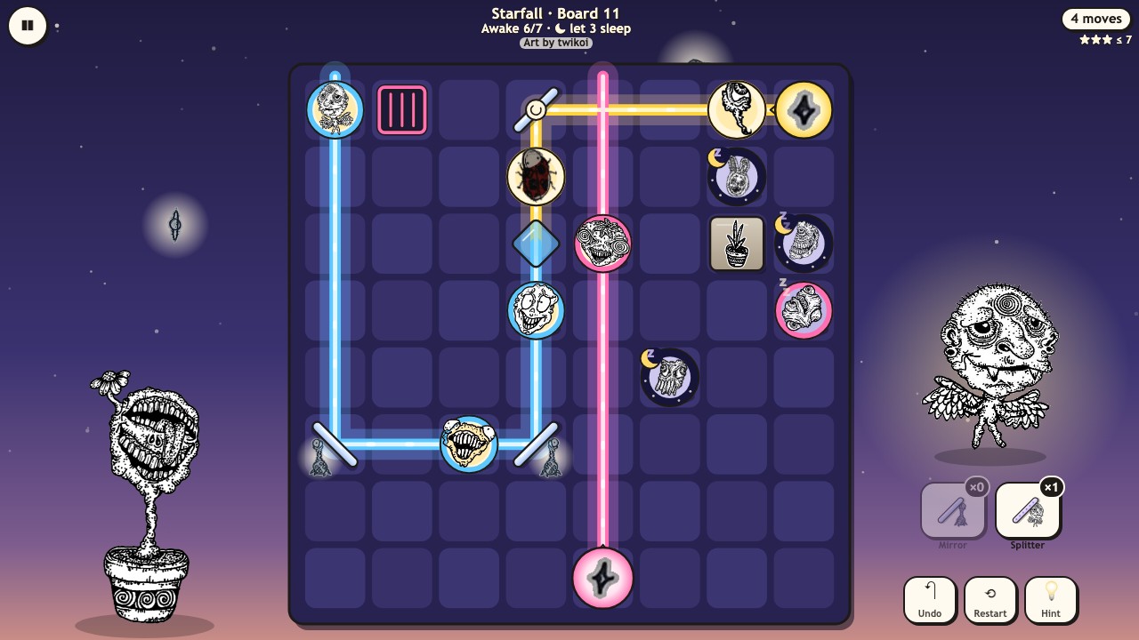 Star Beams: a night-time board where beams of gold and pink light bounce off mirrors and wake her creatures on round cushions