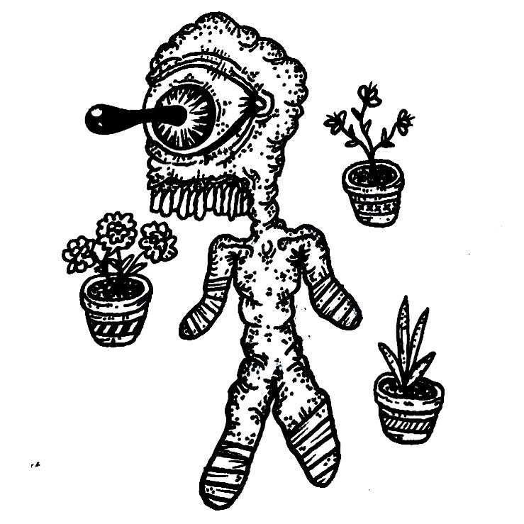 Mattea’s whole original linework page: a long-tongued flower-eye figure and three separate striped plant pots