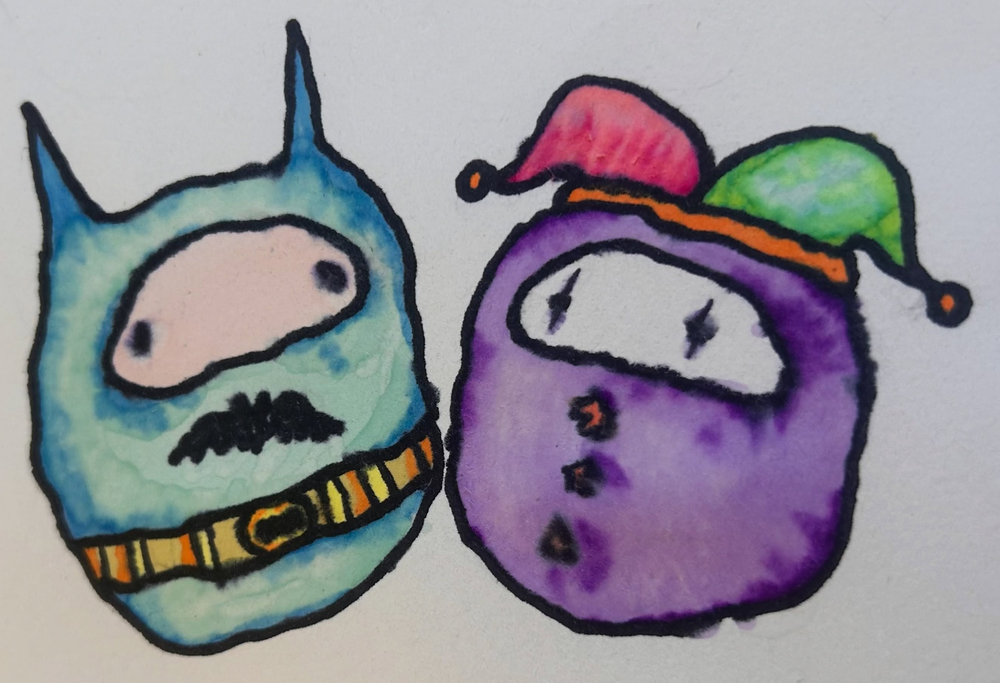 Horned and jester companions · Art Print design preview