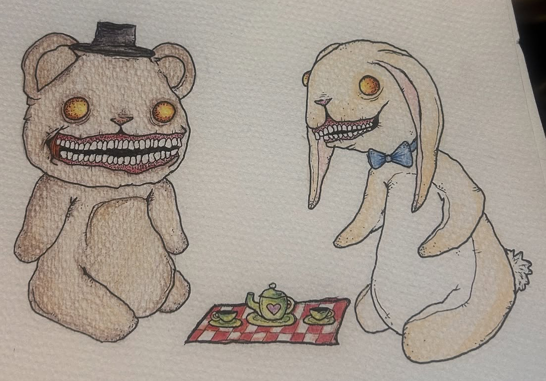 Mattea’s original drawing: seated bear, rabbit and heart teapot on a checkered rug